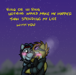 Size: 800x789 | Tagged: safe, artist:captainhoers, character:soarin', character:spitfire, species:pegasus, species:pony, ship:soarinfire, ask firestarter spitfire, blushing, crying, duo, female, goggles, hug, male, mare, marriage proposal, night, shipping, snow, stallion, straight, tears of joy