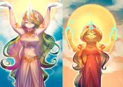 Size: 1400x990 | Tagged: safe, artist:bakki, character:princess celestia, character:sunset shimmer, species:anthro, armpits, clothing, dress, eyes closed, female, fiery shimmer, glowing hands, glowing horn, magic, pun, sun work, sunrise, sunset, sunshine shimmer, visual gag