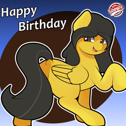 Size: 1280x1280 | Tagged: safe, artist:ribiruby, oc, oc only, oc:danielita, oc:dany melody, species:pegasus, species:pony, abstract background, dock, female, happy birthday, looking back, mare, open mouth, raised hoof, smiling, solo