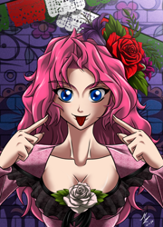 Size: 1600x2222 | Tagged: safe, artist:mauroz, character:pinkie pie, species:human, clothing, dia de los muertos, dress, female, flower, flower in hair, human coloration, humanized, looking at you, smiling, solo, tongue out