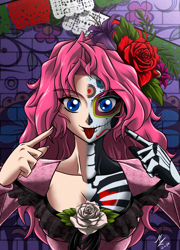 Size: 1600x2222 | Tagged: safe, artist:mauroz, character:pinkie pie, species:human, bodypaint, clothing, costume, dia de los muertos, face paint, female, humanized, looking at you, skeleton costume, smiling, solo