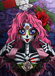 Size: 1600x2222 | Tagged: safe, alternate version, artist:mauroz, character:pinkie pie, species:human, bodypaint, clothing, costume, dia de los muertos, face paint, female, humanized, looking at you, skeleton costume, smiling, solo