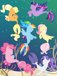 Size: 8535x11379 | Tagged: safe, artist:illumnious, character:applejack, character:fluttershy, character:pinkie pie, character:rainbow dash, character:rarity, character:twilight sparkle, character:twilight sparkle (alicorn), species:alicorn, species:pony, species:seapony (g4), my little pony: the movie (2017), absurd resolution, bubble, female, fin wings, flowing mane, horn, lineless, mane six, minimalist, modern art, open mouth, seaponified, seapony applejack, seapony fluttershy, seapony pinkie pie, seapony rainbow dash, seapony rarity, seapony twilight, species swap, swimming, underwater, water, wings