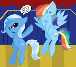 Size: 3000x2647 | Tagged: safe, artist:rainbowtashie, character:rainbow dash, character:trixie, species:pony, ship:trixdash, facehoof, female, lesbian, shipping, silly, stage