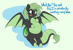 Size: 1280x872 | Tagged: safe, artist:graphenescloset, oc, oc only, oc:emilia 'emmy' emberseed, species:dracony, adorafatty, belly, belly grab, big belly, blatant lies, chubby, cute, denial, fat, flying, hoof on belly, hybrid, lies, open mouth, plump, solo