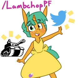 Size: 1280x1280 | Tagged: safe, artist:kryptchild, character:snails, species:anthro, species:bird, species:pony, species:unicorn, blushing, clothing, dress, female, freckles, glitter shell, meta, newgrounds, solo, tank (vehicle), trans female, transgender, tumblr, tumblr 2018 nsfw purge, twitter