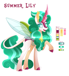 Size: 1796x1984 | Tagged: safe, artist:sugaryicecreammlp, oc, oc only, oc:summer lily, parent:rain shine, parent:thorax, changeling hybrid, colored hooves, crack ship offspring, female, hybrid, interspecies offspring, kirin hybrid, kirinling, offspring, raised hoof, reference sheet, simple background, solo, transparent background