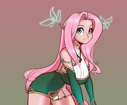 Size: 2176x1800 | Tagged: safe, artist:scorpdk, character:fluttershy, species:elf, species:human, anime, big breasts, breasts, busty fluttershy, clothing, elf ears, female, humanized, smiling, solo
