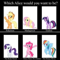 Size: 1024x1024 | Tagged: safe, artist:andoanimalia, character:applejack, character:fluttershy, character:pinkie pie, character:rainbow dash, character:rarity, character:twilight sparkle, alice in wonderland, crossover, dance dance revolution, disney, mane 6 meme, mane six, meme, penguins of madagascar, pokémon, the brady bunch, touhou