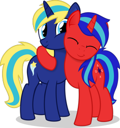Size: 2500x2650 | Tagged: safe, artist:arifproject, oc, oc only, oc:octavian fall, oc:sparkling star, species:pony, species:unicorn, 2019 community collab, derpibooru community collaboration, duo, eyes closed, hug, simple background, transparent background, vector