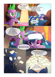 Size: 1024x1449 | Tagged: safe, artist:gashiboka, character:princess luna, character:spike, character:twilight sparkle, character:twilight sparkle (unicorn), species:alicorn, species:dragon, species:pony, species:unicorn, comic:scar of solar, bed, comic, diary, female, golden oaks library, magic, mare, pillow, telekinesis, this will end in tears and/or a journey to the moon, this will end in tears and/or a journey to the sun, this will not end well