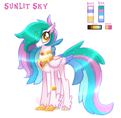 Size: 1189x1165 | Tagged: safe, artist:sugaryicecreammlp, oc, oc only, oc:sunlit sky, parent:princess celestia, species:classical hippogriff, species:hippogriff, cloven hooves, eye clipping through hair, female, hair over one eye, hippogriff hybrid, hybrid, interspecies offspring, leg rings, offspring, parent:sky beak, reference sheet, simple background, solo, transparent background