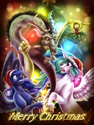 Size: 1800x2400 | Tagged: safe, artist:lupiarts, character:discord, character:princess celestia, character:princess luna, species:alicorn, species:draconequus, species:pony, ship:dislestia, christmas, christmas tree, clothing, female, hat, holiday, holly, holly mistaken for mistletoe, male, mare, merry christmas, present, santa hat, shipping, straight, surprised, tree