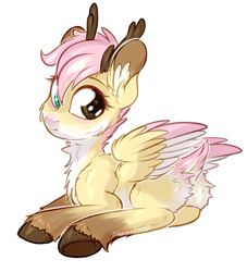 Size: 1768x1949 | Tagged: safe, artist:meowcephei, oc, oc only, parent:fluttershy, species:deer, :t, antlers, butt fluff, cheek fluff, chest fluff, colored wings, colored wingtips, cute, ear fluff, fluffy, heterochromia, horns, hybrid, implied bestiality, interspecies offspring, looking at you, looking back, looking back at you, neck fluff, ocbetes, offspring, original species, pale belly, prone, simple background, smiling, solo, spread wings, underhoof, unshorn fetlocks, white background, wing fluff, wings