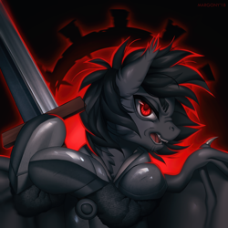 Size: 1200x1200 | Tagged: safe, artist:margony, oc, oc only, species:bat pony, species:pony, bat pony oc, clothing, dark background, darkest dungeon, insignia, knight, male, open mouth, solo, stallion, video game crossover