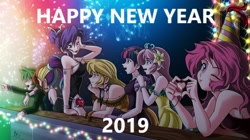 Size: 680x380 | Tagged: safe, artist:mauroz, edit, character:applejack, character:fluttershy, character:pinkie pie, character:rainbow dash, character:rarity, character:spike, character:twilight sparkle, species:human, beautiful, fireworks, happy new year 2019, humanized, implied lesbian, implied rainbowspike, implied rarijack, implied shipping, looking at you, smiling