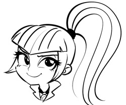 Size: 809x671 | Tagged: safe, artist:rileyav, character:sonata dusk, my little pony:equestria girls, bust, female, lineart, looking at you, monochrome, portrait, simple background, sketch, smiling, smirk, solo, white background