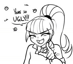 Size: 1565x1368 | Tagged: safe, artist:rileyav, character:sonata dusk, my little pony:equestria girls, bust, eyes closed, female, insult, laughing, lineart, lol, monochrome, pointing, pointing at you, portrait, simple background, sketch, solo, white background, xd