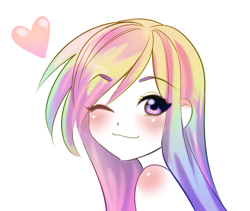 Size: 671x565 | Tagged: safe, artist:rileyav, character:rainbow dash, species:human, bust, cute, dashabetes, eye clipping through hair, female, heart, humanized, looking at you, one eye closed, portrait, simple background, solo, white background, wink