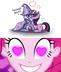 Size: 1079x1280 | Tagged: safe, artist:ninjaham, edit, character:pinkie pie, character:trixie, character:twilight sparkle, species:pony, species:unicorn, ship:twixie, episode:coinky-dink world, eqg summertime shorts, g4, my little pony: equestria girls, my little pony:equestria girls, ..., blushing, creepy, creepy smile, crying, female, heart, heart eyes, kissing, lesbian, love, mare, prone, shipping, smiling, wingding eyes