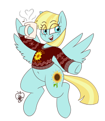 Size: 2600x3000 | Tagged: safe, artist:notenoughapples, character:helia, species:pony, belly button, chocolate, clothing, eye clipping through hair, female, flying, food, heliadorable, hoof hold, hot chocolate, open mouth, simple background, smiling, solo, spread wings, ugly sweater, wings