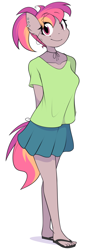 Size: 1000x2951 | Tagged: safe, artist:furrgroup, oc, species:anthro, species:plantigrade anthro, species:pony, anthro oc, clothing, cute, female, flip-flops, mare, miniskirt, ponytail, sandals, skirt, smiling, solo
