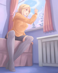 Size: 1200x1500 | Tagged: safe, artist:ninjaham, character:applejack, species:human, clothing, female, hoodie, humanized, indoors, open mouth, shorts, sitting, snow, socks, solo, thigh highs, tree, window