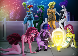 Size: 2500x1813 | Tagged: safe, alternate version, artist:mauroz, character:applejack, character:fluttershy, character:pinkie pie, character:rainbow dash, character:rarity, character:spike, character:twilight sparkle, my little pony:equestria girls, clothing, dress, female, fireworks, happy new year, holiday, implied lesbian, implied rainbowspike, implied rarijack, implied shipping, mane seven, mane six, pony coloring