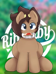 Size: 3107x4096 | Tagged: safe, artist:ribiruby, oc, oc only, oc:ruby, oc:ruby big heart, species:earth pony, species:pony, bread, collar, cow horns, female, food, looking at you, mare, mouth hold, sitting, solo, toast