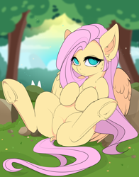 Size: 2586x3300 | Tagged: safe, artist:xsatanielx, rcf community, character:fluttershy, species:pegasus, species:pony, species:rabbit, dock, female, grass, looking at you, mare, no pupils, on back, solo, spread legs, spreading, wings