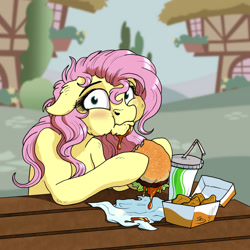 Size: 1024x1024 | Tagged: safe, artist:lupiarts, artist:snoopystallion, character:fluttershy, species:pegasus, species:pony, burger, caught, chicken nugget, cognitive dissonance, collaboration, comic sins, digital art, drink, eating, fast food, female, food, hamburger, krystal can't enjoy her sandwich, majestic as fuck, mare, ponies eating meat, soda, softdrink