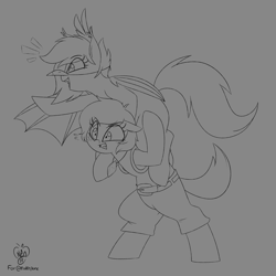 Size: 1280x1280 | Tagged: safe, artist:notenoughapples, oc, oc only, oc:speck, oc:vedalia rose, species:bat pony, species:earth pony, species:pony, banjo kazooie, bipedal, duo, lineart, monochrome, piggyback ride