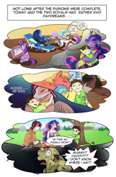 Size: 1800x2740 | Tagged: safe, artist:candyclumsy, commissioner:bigonionbean, writer:bigonionbean, character:big mcintosh, character:flash sentry, character:princess cadance, character:princess celestia, character:princess luna, character:shining armor, character:trouble shoes, character:twilight sparkle, character:twilight sparkle (alicorn), oc, oc:king speedy hooves, oc:queen galaxia, oc:tommy the human, species:alicorn, species:human, species:pony, comic:fusing the fusions, comic:royal drama, adoptable, adult fear, alicorn oc, beaten up, blood, bloody, bruised, chair, child, coffee, coffee cup, comic, cup, cute, daydream, dialogue, doll, family, father and son, female, foal, fusion, fusion:king speedy hooves, fusion:queen galaxia, future events, herd, hug, human oc, humanized, magic, male, mother and son, nightmare, nightmare fuel, nuzzling, photo album, picnic, picnic blanket, ponified, scared, scroll, semi-grimdark series, smiling, suggestive series, terror, toy