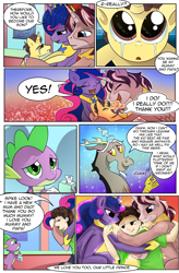 Size: 1800x2740 | Tagged: safe, artist:candyclumsy, commissioner:bigonionbean, writer:bigonionbean, character:discord, character:spike, oc, oc:king speedy hooves, oc:queen galaxia, oc:tommy the human, species:alicorn, species:human, species:pony, comic:fusing the fusions, comic:tommy finds home, adoption, alicorn oc, colt, comic, cute, family, father and son, female, foal, fusion, fusion:king speedy hooves, fusion:queen galaxia, group hug, happy, happy ending, herd, hug, human oc, male, mother and son, pony to human, semi-grimdark series, suggestive series, transformation, why