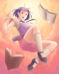 Size: 1200x1500 | Tagged: safe, artist:ninjaham, character:twilight sparkle, species:human, book, clothing, female, horn wand, humanized, open mouth, shorts, socks, solo, wand