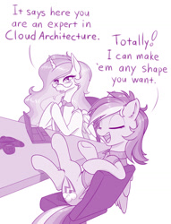 Size: 1000x1308 | Tagged: safe, artist:dstears, character:princess celestia, character:rainbow dash, species:alicorn, species:pegasus, species:pony, g4, backwards cutie mark, clothing, comically missing the point, computer, dialogue, eyes closed, female, glasses, job interview, laptop computer, misunderstanding, monochrome, necktie, programming, pun, tie, underhoof