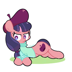 Size: 1280x1280 | Tagged: safe, artist:turtlefarminguy, character:raspberry beret, species:earth pony, species:pony, clothing, female, hat, mare, prone, simple background, sweater, transparent background