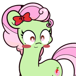 Size: 800x800 | Tagged: safe, artist:turtlefarminguy, character:florina tart, species:earth pony, species:pony, apple family member, background pony, blush sticker, blushing, bow, cute, female, florinadorable, hair bow, mare, simple background, smiling, solo, transparent background