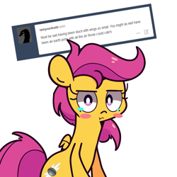 Size: 1000x1000 | Tagged: safe, artist:turtlefarminguy, character:scootaloo, species:pegasus, species:pony, alternate cutie mark, blush sticker, blushing, bully, crying, scootaloo can't fly, teary eyes