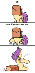 Size: 700x1450 | Tagged: safe, artist:paperbagpony, oc, oc only, oc:paper bag, species:earth pony, species:pony, butt, comic, dialogue, face down ass up, faceplant, faint, falling, flop, ok, paper bag, plot, raised hoof, silly, simple background, smiling, standing, text, underhoof, wavy mouth, white background
