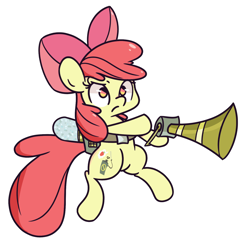 Size: 1280x1280 | Tagged: safe, artist:turtlefarminguy, character:apple bloom, species:earth pony, species:pony, episode:bloom and gloom, g4, my little pony: friendship is magic, alternate cutie mark, bipedal, bow, female, filly, frown, glare, hair bow, hoof hold, pest control gear, raised eyebrow, semi-anthro, solo, twitbuster apple bloom, wat