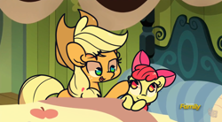 Size: 1280x707 | Tagged: safe, artist:turtlefarminguy, edit, edited screencap, screencap, character:apple bloom, character:applejack, species:pony, episode:bloom and gloom, g4, my little pony: friendship is magic, apple siblings, applejack's hat, bedroom, bow, clothing, comforting, cowboy hat, cute, discovery family logo, female, filly, freckles, hair bow, hat, lullaby, mare, open mouth, pillow, scene interpretation, sisters