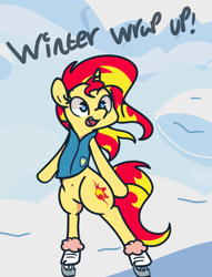 Size: 1280x1674 | Tagged: safe, artist:turtlefarminguy, character:sunset shimmer, species:pony, species:unicorn, episode:winter wrap up, g4, my little pony: friendship is magic, my little pony:equestria girls, belly button, bipedal, clothing, female, ice skating, mare, open mouth, snow, solo, weather team, winter wrap up vest