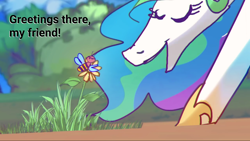 Size: 1920x1080 | Tagged: safe, artist:alumx, edit, character:princess celestia, species:pony, bee, bent over, female, flower, hello friend (animation), insect, mare, plant, talking, text edit