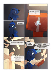 Size: 1024x1449 | Tagged: safe, artist:gashiboka, character:princess luna, species:alicorn, species:pony, comic:scar of solar, bed, both cutie marks, comic, diary, female, mare, offscreen character, this will end in tears and/or a journey to the moon, this will end in tears and/or a journey to the sun, this will not end well, title drop