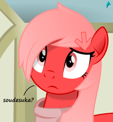 Size: 2500x2690 | Tagged: safe, artist:arifproject, oc, oc only, oc:downvote, species:earth pony, species:pony, derpibooru, derpibooru ponified, clothing, concerned, female, frown, hair ornament, head tilt, inkscape, japanese, mare, messy mane, meta, ponified, scarf, shirt, simple background, solo, text, vector