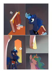 Size: 751x1063 | Tagged: safe, artist:gashiboka, character:princess celestia, character:princess luna, species:alicorn, species:pony, comic:scar of solar, :d, caught, comic, diary, female, hoof shoes, magic, mare, telekinesis, this will end in tears and/or a journey to the moon, this will end in tears and/or a journey to the sun, this will not end well