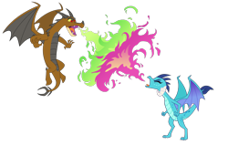 Size: 1686x1072 | Tagged: safe, artist:queencold, character:princess ember, oc, oc:tsuria, species:dragon, dragon oc, dragoness, duel, duo, fangs, female, fire, green fire, pink fire, simple background, spread wings, transparent background, wings