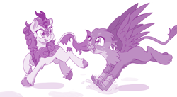 Size: 2835x1548 | Tagged: safe, artist:dstears, character:autumn blaze, character:gabby, species:griffon, species:kirin, episode:sounds of silence, g4, my little pony: friendship is magic, awwtumn blaze, cloven hooves, cute, duo, duo female, excited, eye contact, female, gabbybetes, happy, it begins, jumping, kirinbetes, leaping, leg fluff, looking at each other, looking back, monochrome, open mouth, puddle, raised hoof, raised leg, running, simple background, smiling, splashing, spread wings, unshorn fetlocks, white background, wings