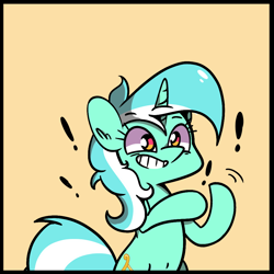 Size: 1000x1000 | Tagged: safe, artist:turtlefarminguy, character:lyra heartstrings, species:pony, species:unicorn, cute, exclamation point, female, simple background, smiling, solo